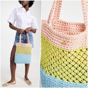 RARE Lele Sadoughi Pastel Colors Crochet Summer Vacation Tote Gold Logo